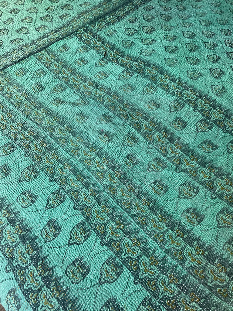 turquoise green blue kantha bedspread cotton bedcover hand stitched kantha sari quilt washable