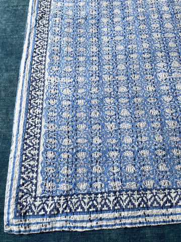 cornflower blue large kantha quilt cotton bedspread block print bedcover handmade washable