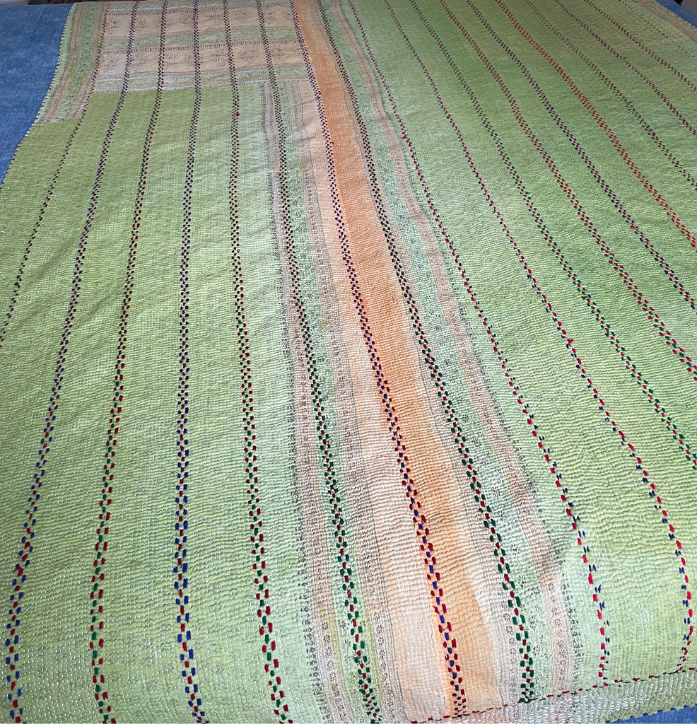 red stripe yellow check large kantha quilt cotton bedcover hand stitched bedspread washable