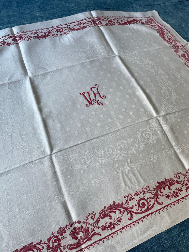 12 antique french table napkins linen damask serviettes monogrammed VA excellent condition