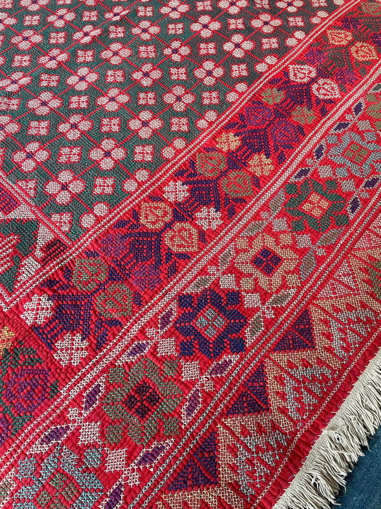 vintage galicha kantha quilt throw carpet rug colourful geometric pattern wall hanging handmade