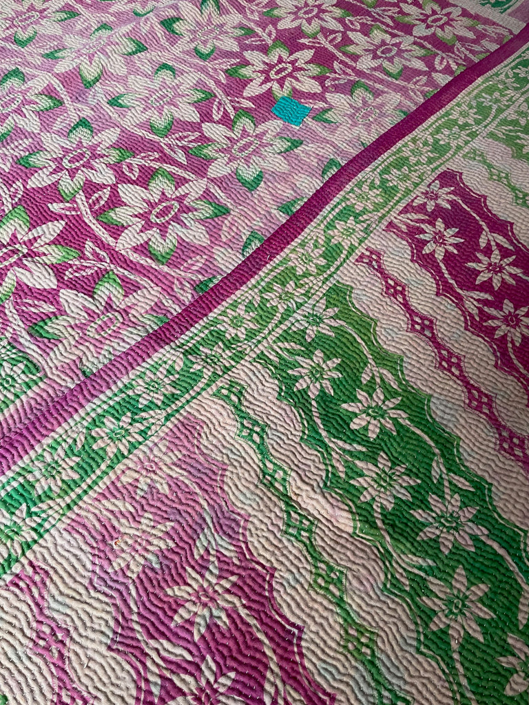 pink green floral bedspread kantha quilt sofa throw indian cotton comforter washable large