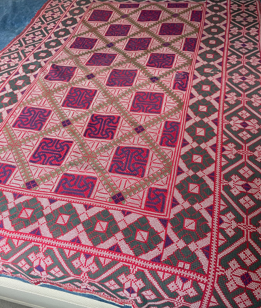 vintage galicha carpet kantha rug quilt wall hanging geometric cross stitch fabric panel red green