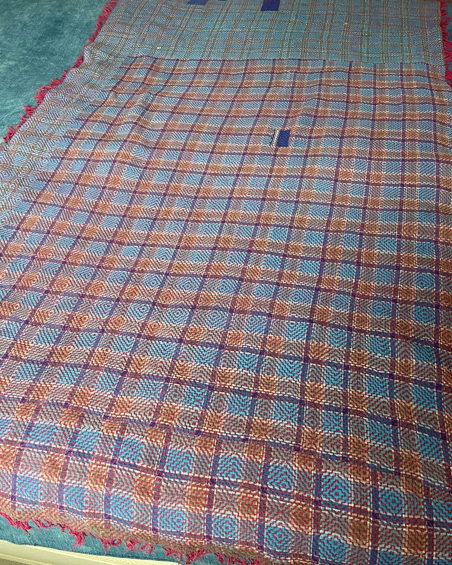 blue check embroidered single kantha quilt sofa throw cotton blanket picnic cloth washable