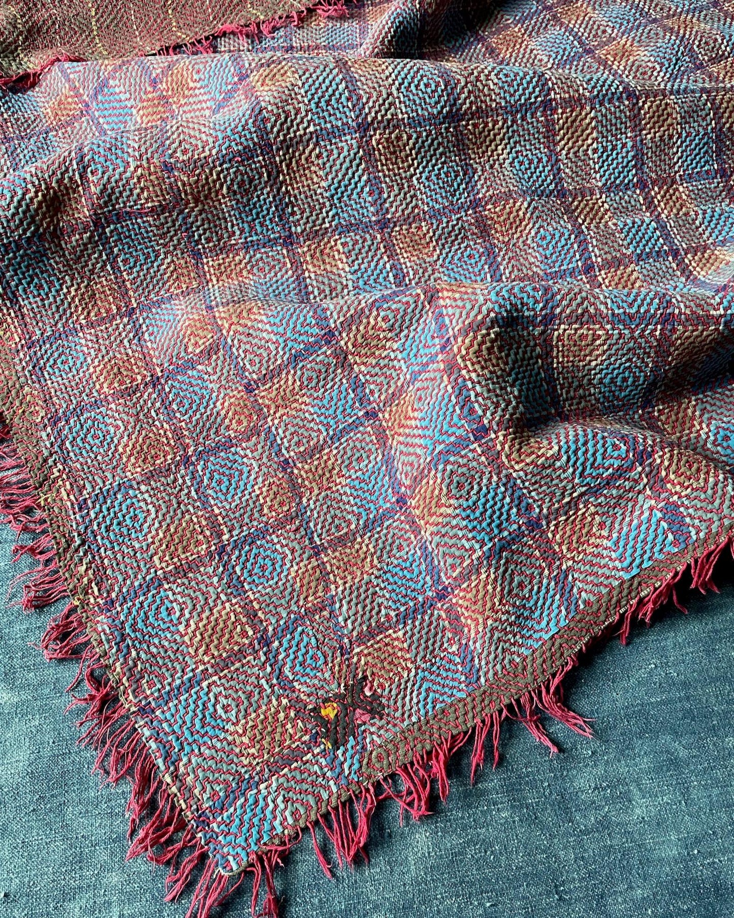 blue check embroidered single kantha quilt sofa throw cotton blanket picnic cloth washable