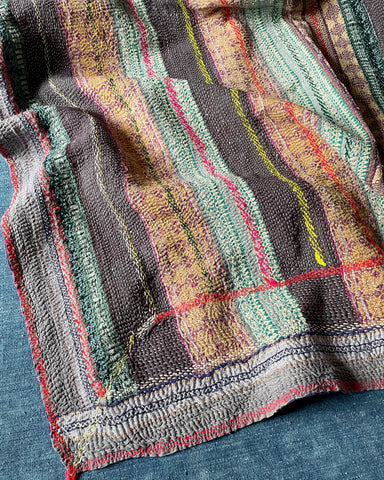 striped blue orange green kantha quilt sofa throw small comforter hand stitched cotton blanket 