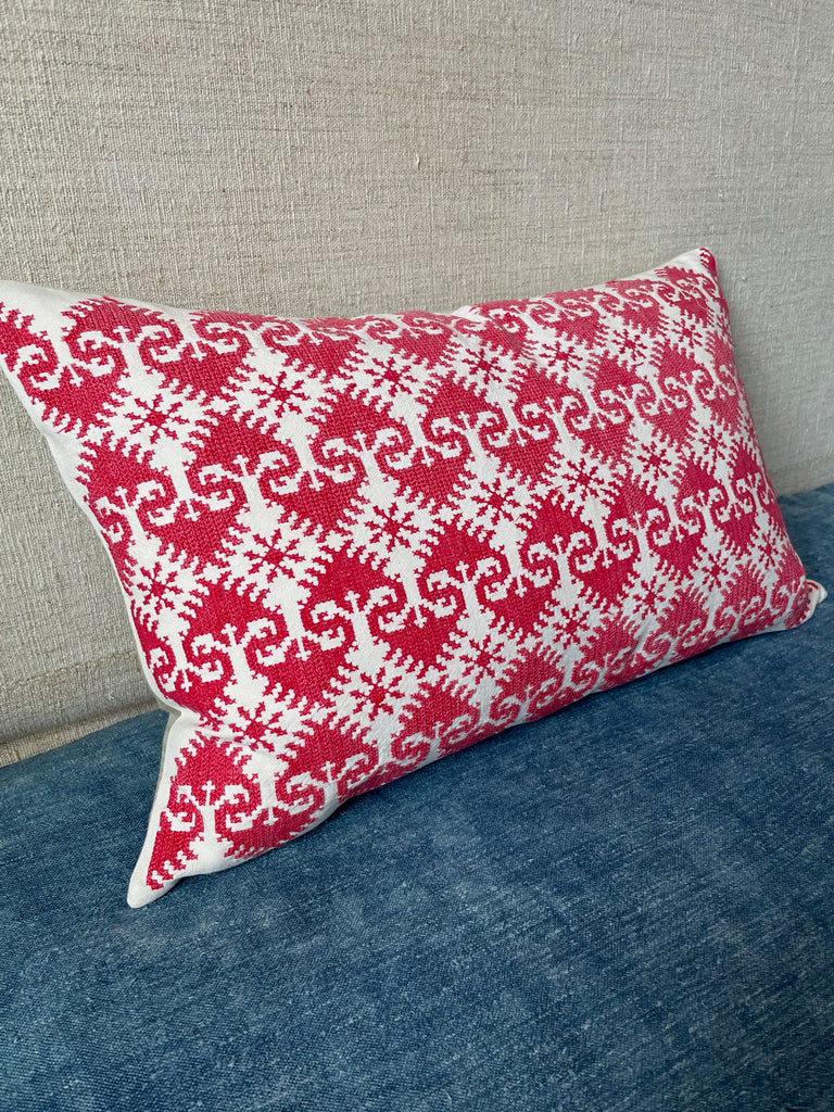 vintage red cross stitch cushion rectangular couch pillow hungarian folk textile hand made