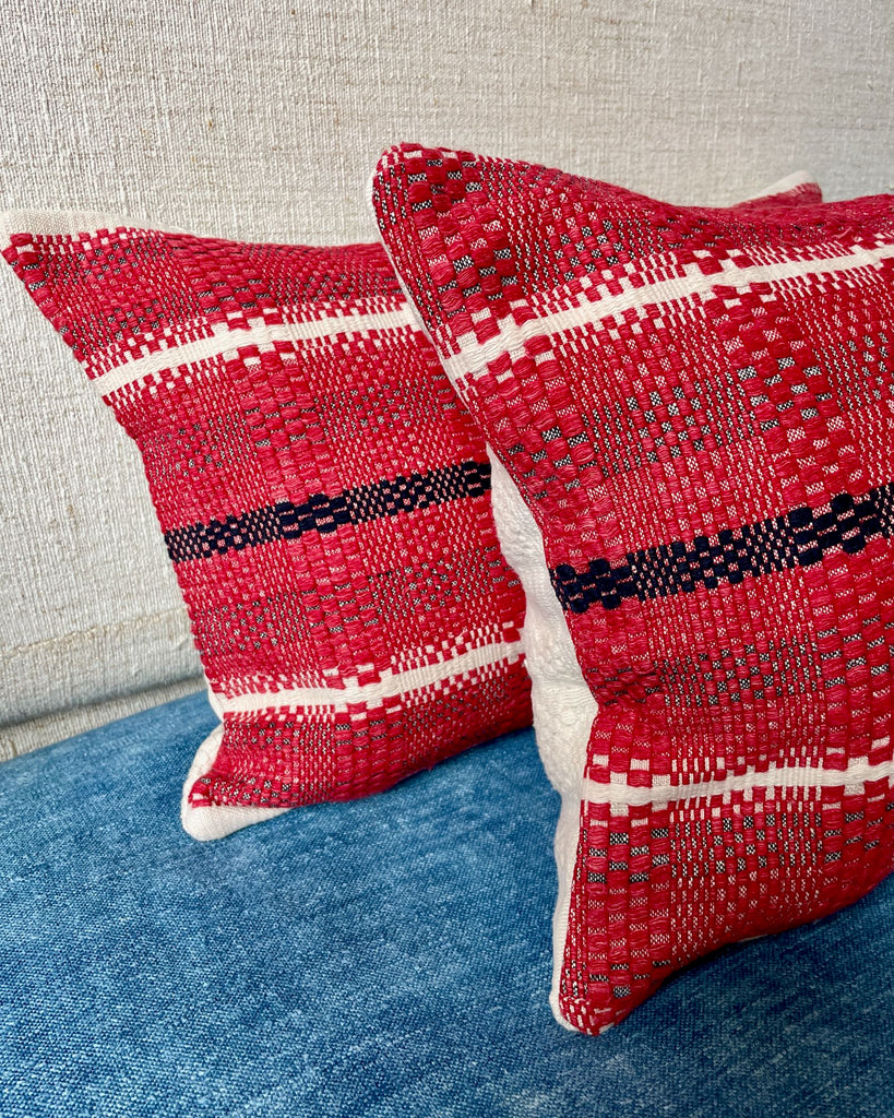 pair of red blue stripe cushions rectangular pillows for couch sofa bed small vintage textiles