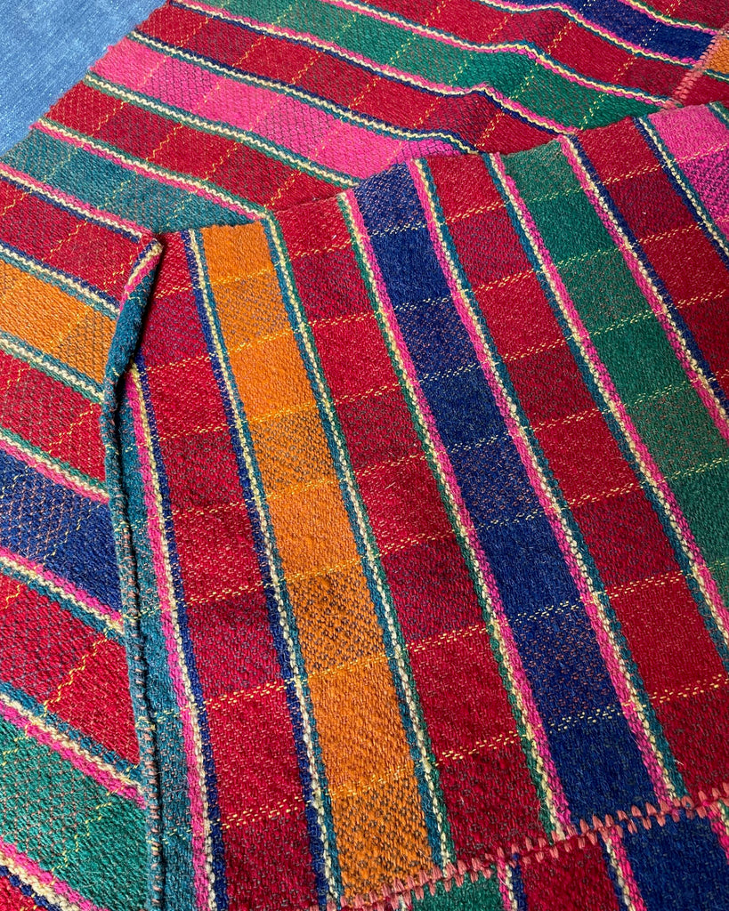vintage blanket upholstery fabric red pink blue orange check hemp wool fabric folk textile unique