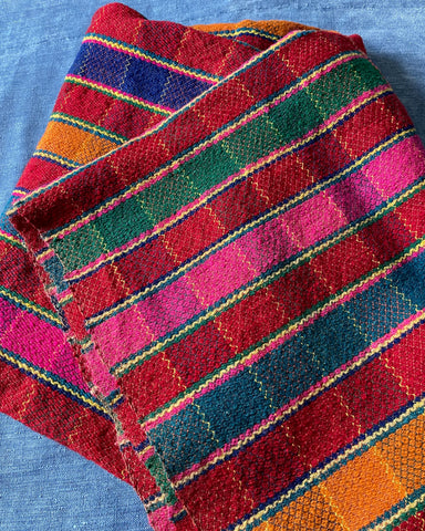 vintage blanket upholstery fabric red pink blue orange check hemp wool fabric folk textile unique