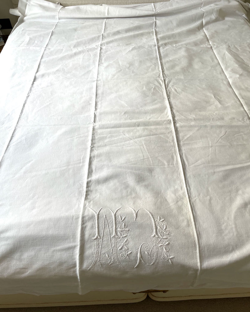 antique french sheet embroidered CM heavy weight upholstery linen white cotton bedlinen bedcover