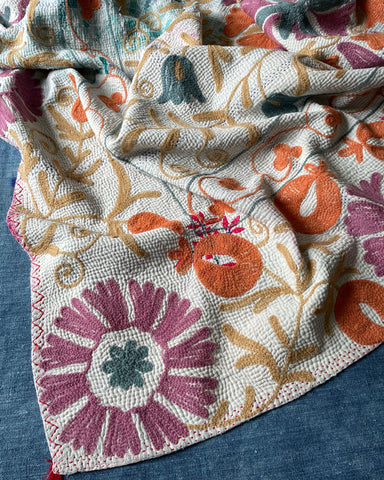 vintage embroidered kantha quilt suzani style pink orange bedspread comforter sofa throw handmade