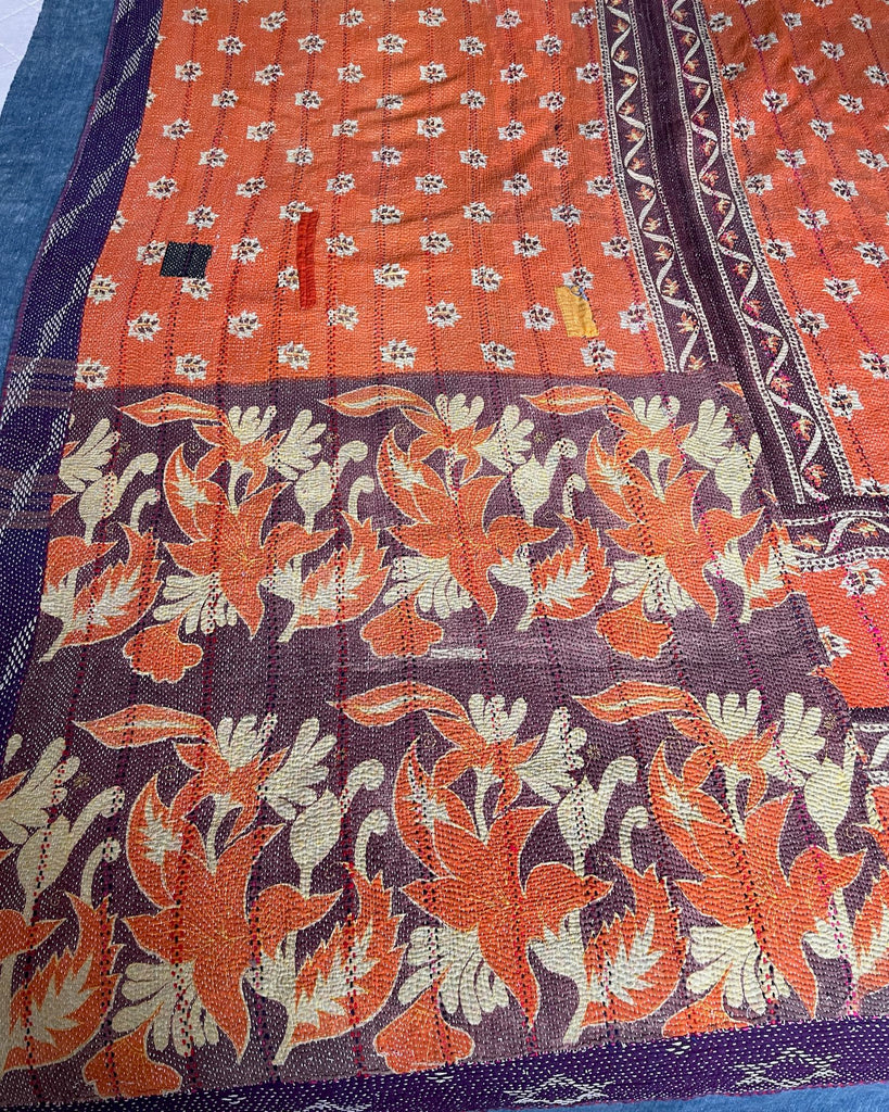 orange pink purple kantha quilt handmade bedspread cotton comforter colourful sofa throw washable