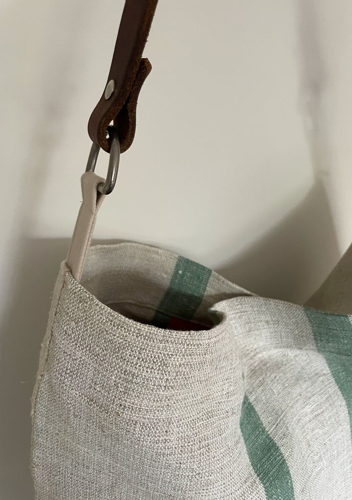soft green stripe shoulder bag tote purse handmade hemp grain sack linen bag upcycled materials