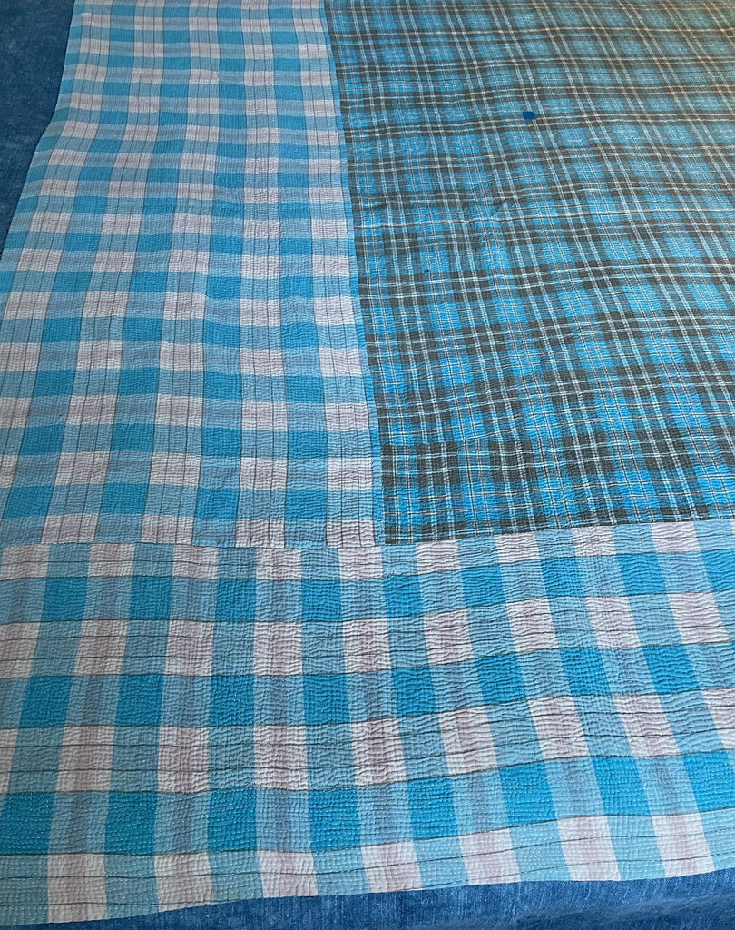 blue check kantha quilt bedspread sofa throw picnic blanket cotton handmade comforter washable