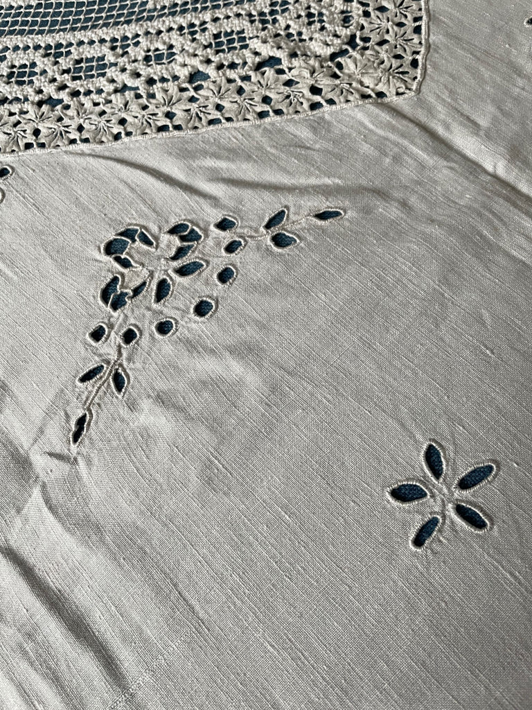 vintage French linen curtain embroidered with cutwork flowers, soft white sheer window treatment