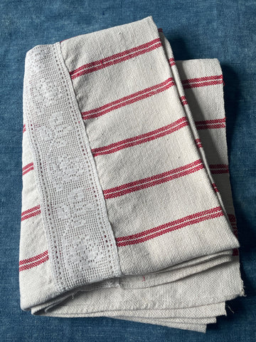 red cream white stripe hemp fabric throw upholstery cushion material vintage Hungarian textiles