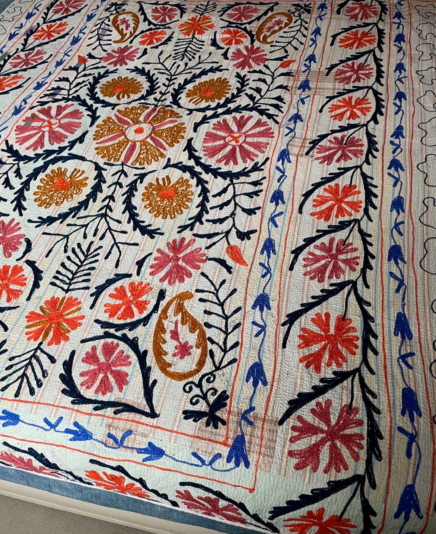 white blue orange pink kantha throw suzani embroidered quilt cotton bedspread washable single