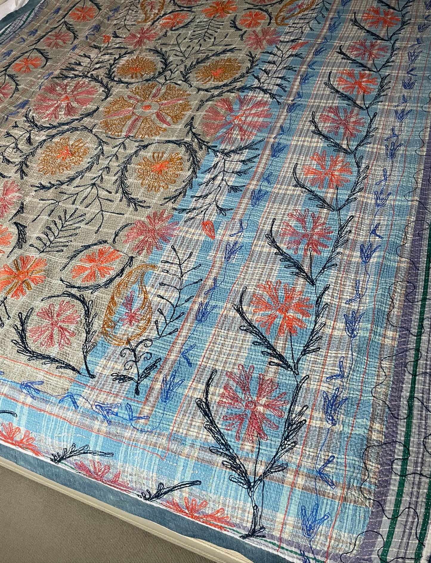 
                  
                    white blue orange pink kantha throw suzani embroidered quilt cotton bedspread washable single
                  
                