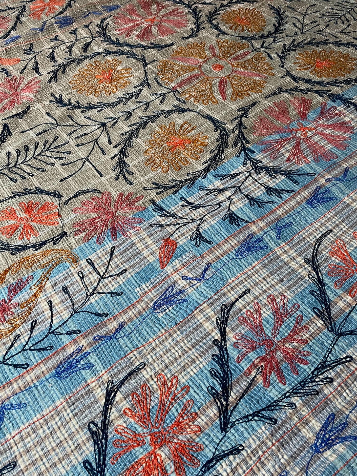 
                  
                    white blue orange pink kantha throw suzani embroidered quilt cotton bedspread washable single
                  
                
