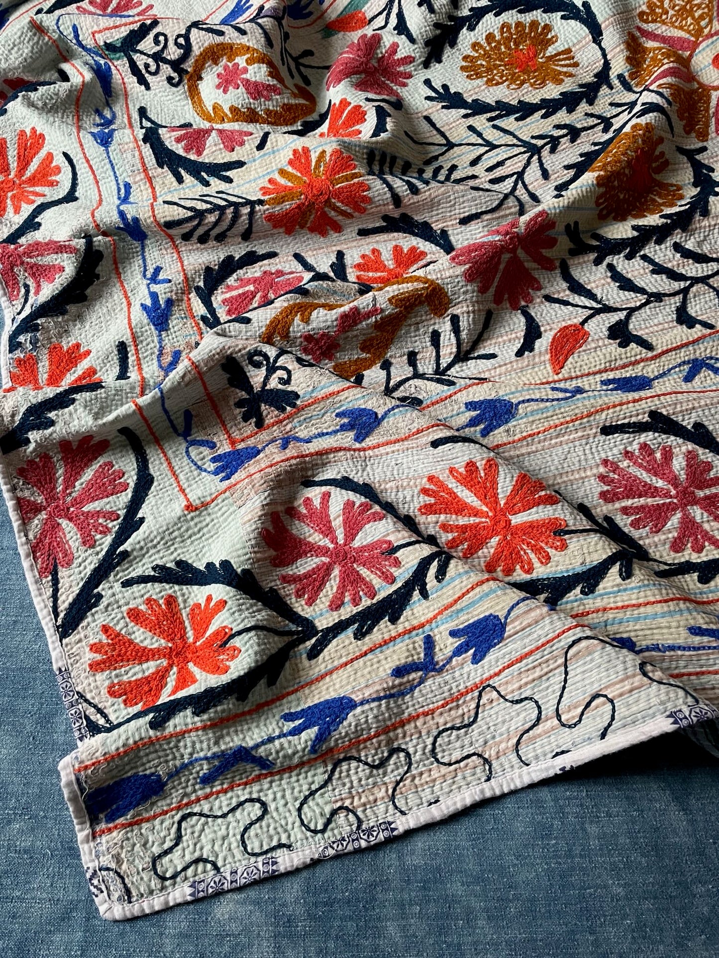 white blue orange pink kantha throw suzani embroidered quilt cotton bedspread washable single