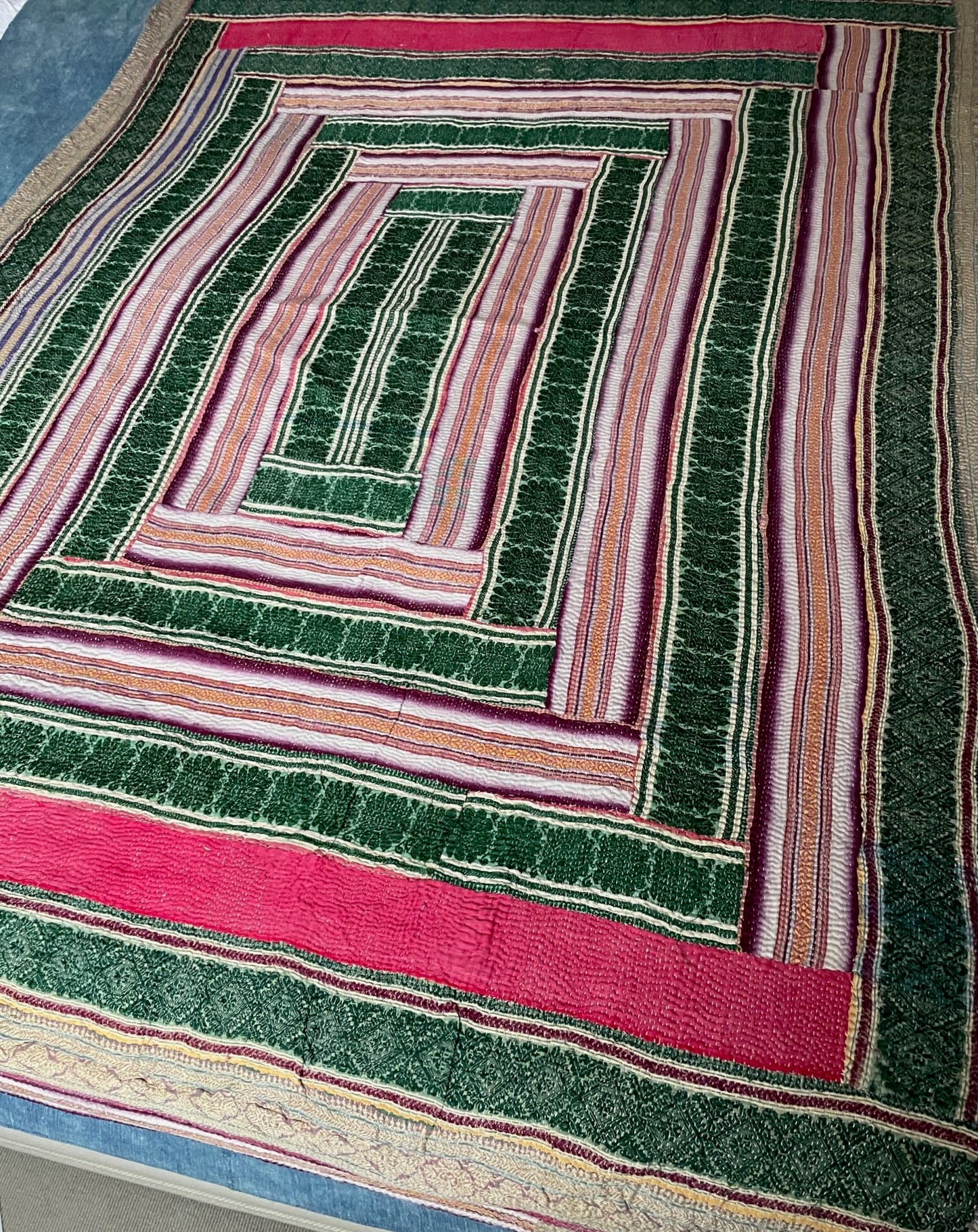 striped patchwork kantha quilt pink green purple hand stitched cotton washable bedspread throw 