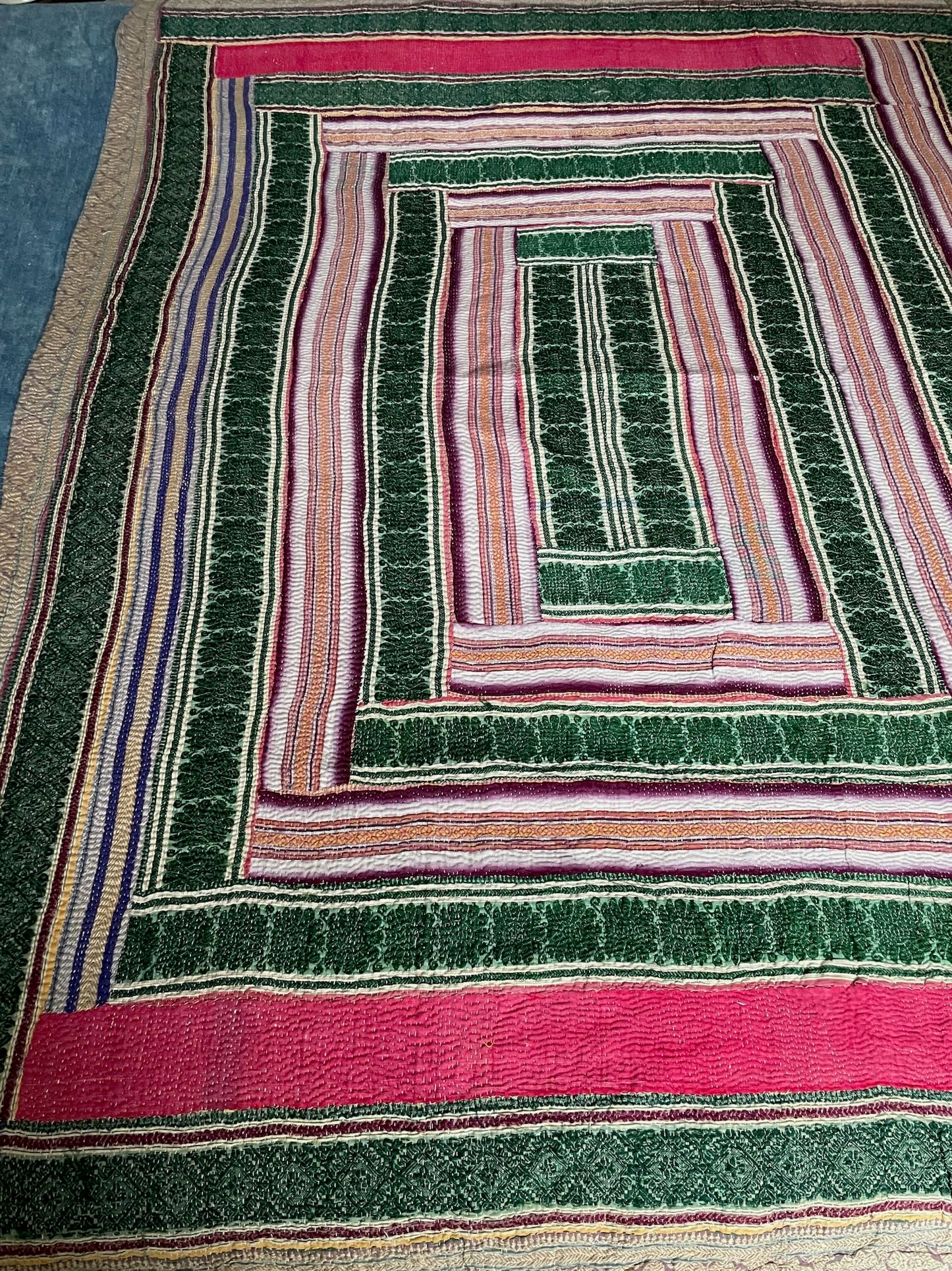 
                  
                    striped patchwork kantha quilt pink green purple hand stitched cotton washable bedspread throw 
                  
                