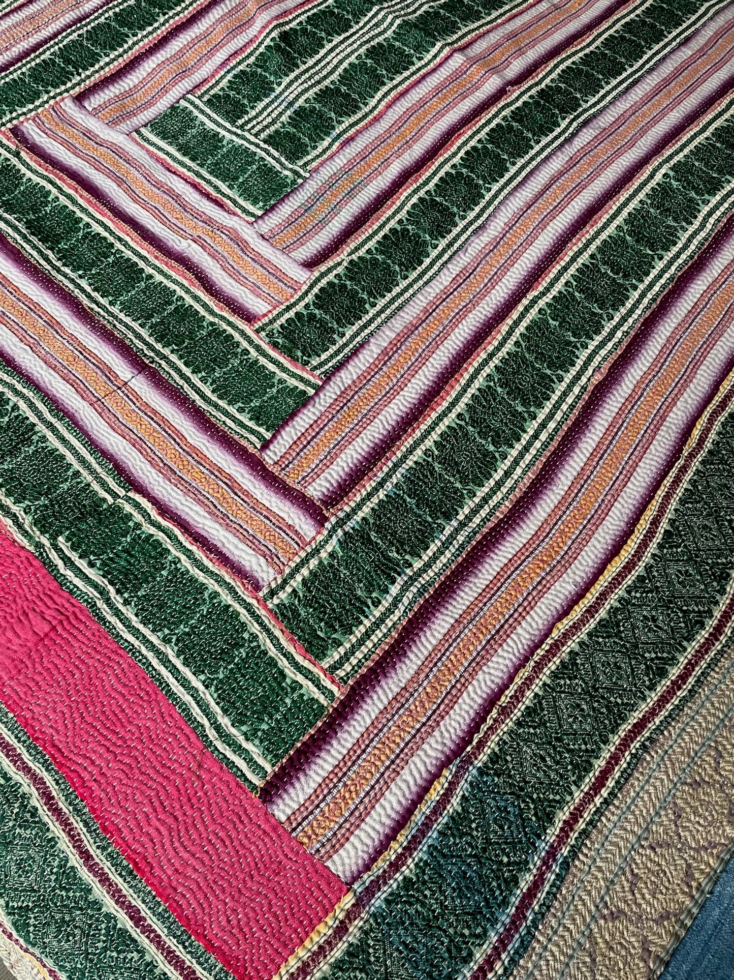 
                  
                    striped patchwork kantha quilt pink green purple hand stitched cotton washable bedspread throw 
                  
                