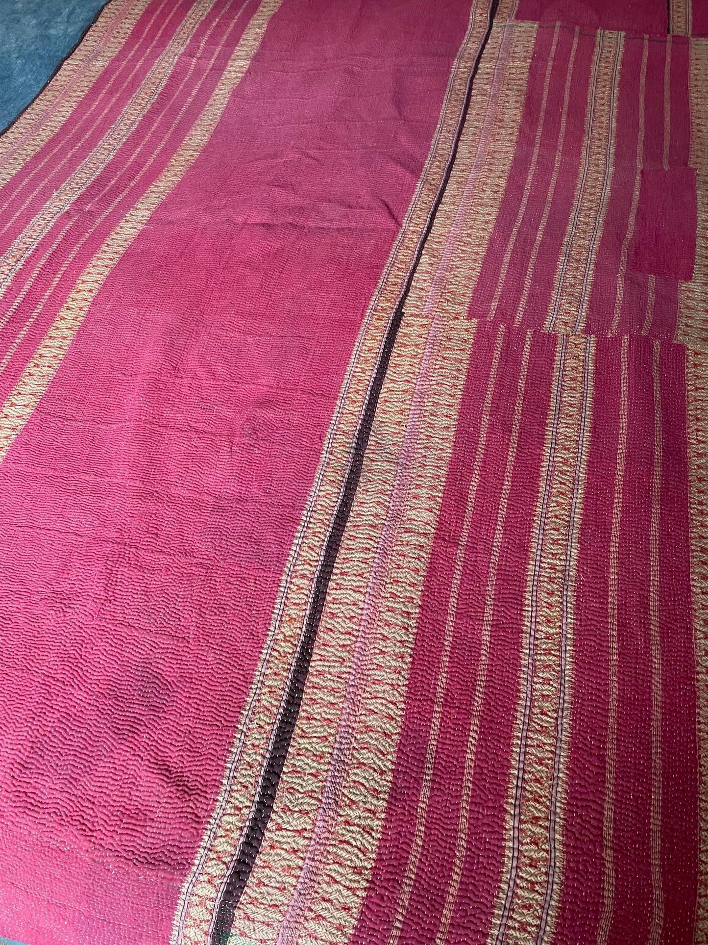 
                  
                    striped patchwork kantha quilt pink green purple hand stitched cotton washable bedspread throw 
                  
                