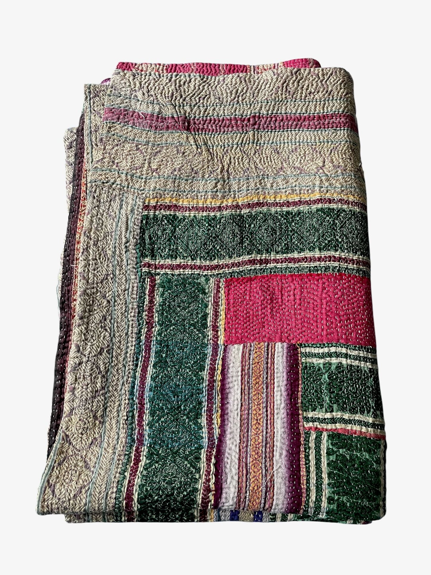 
                  
                    striped patchwork kantha quilt pink green purple hand stitched cotton washable bedspread throw 
                  
                