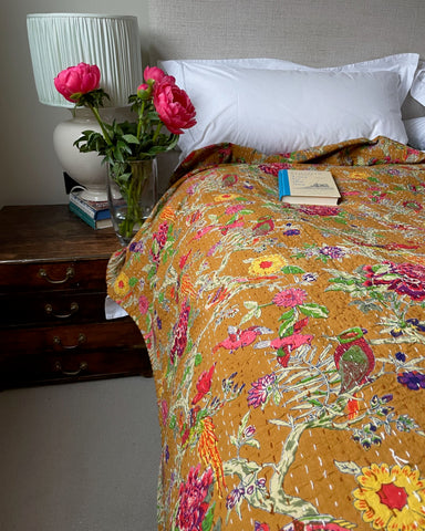 bright colourful bedspread block print kantha quilt parakeets flowers pink yellow cotton comforter