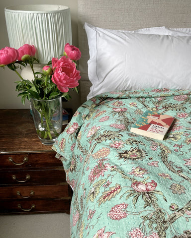 green floral kantha block print bedspread pink flowers tropical print quilt large cotton comforter