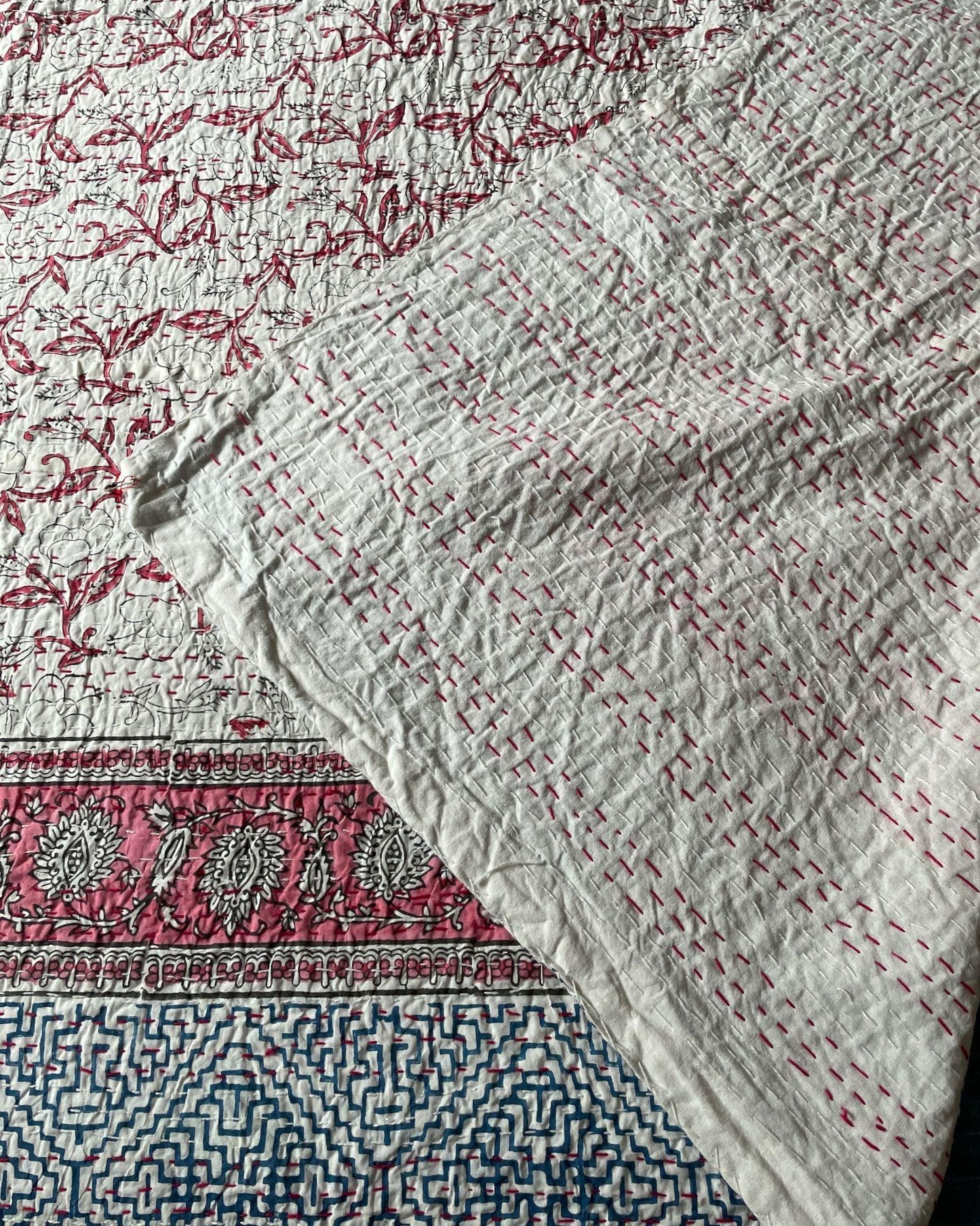 
                  
                    blue and candy pink single cotton block print bedspread kantha quilt sofa throw pretty comforter
                  
                