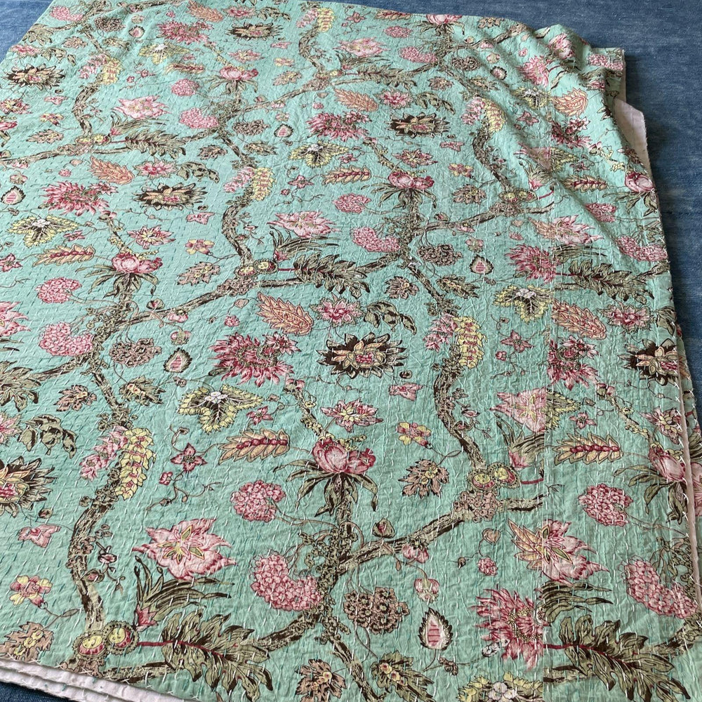 
                  
                    green floral kantha block print bedspread pink flowers tropical print quilt large cotton comforter
                  
                