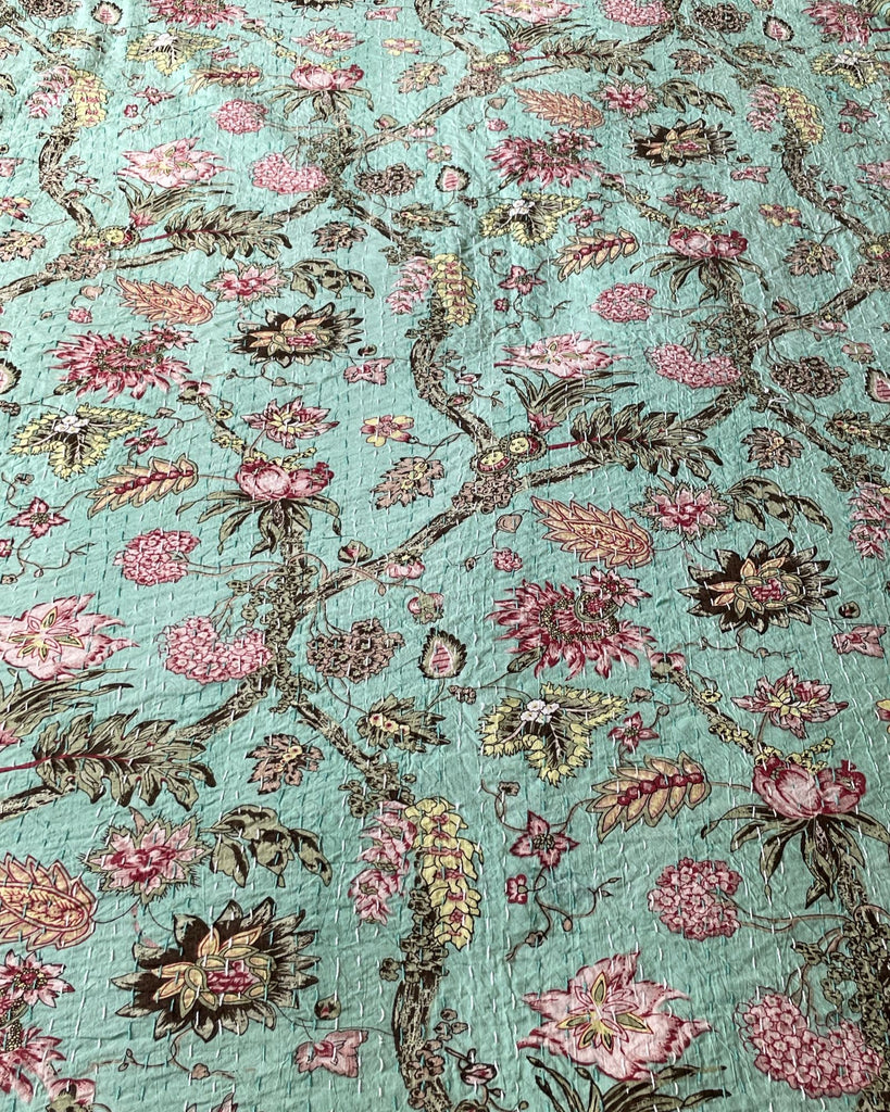 green floral kantha block print bedspread pink flowers tropical print quilt large cotton comforter