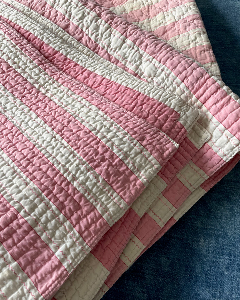 pink and cream striped antique french quilt cotton pique small comforter  pretty bedcover 