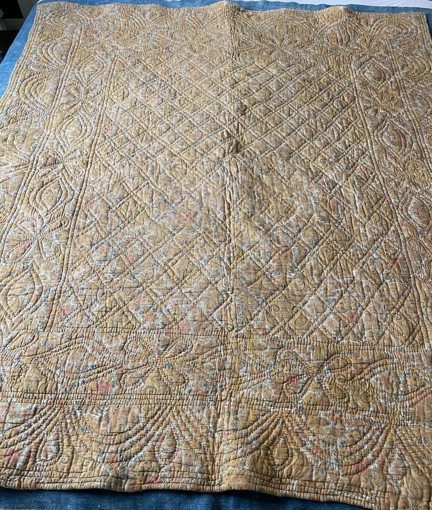 
                  
                    antique french quilt paisley pique whole cloth bedcover mustard pink blue boteh small single 
                  
                