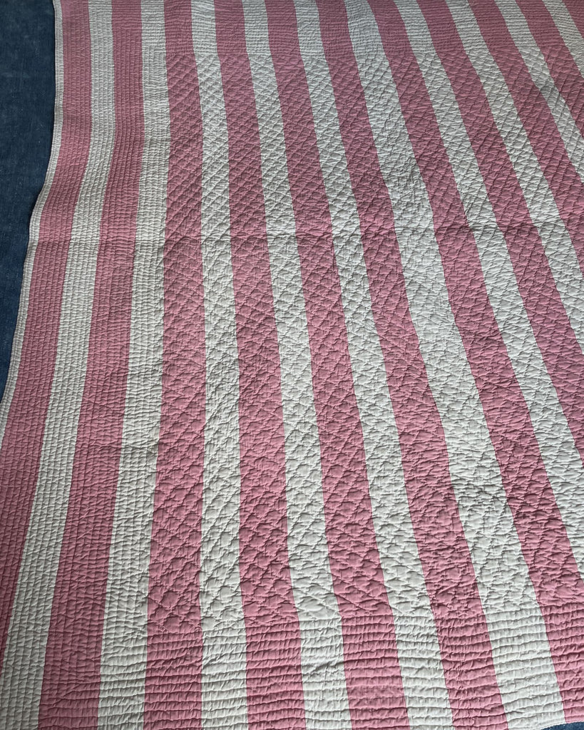 pink and cream striped antique french quilt cotton pique small comforter  pretty bedcover 