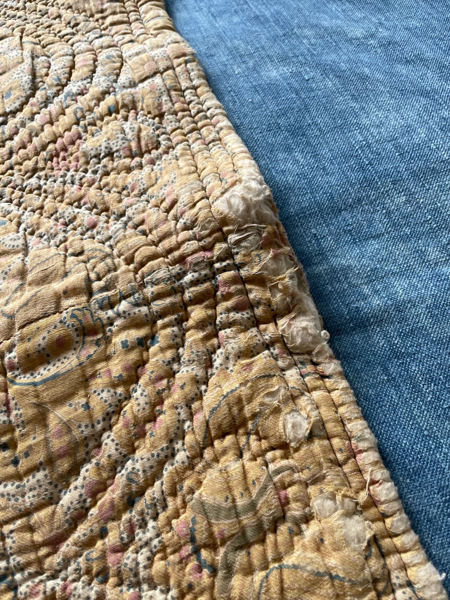 
                  
                    antique french quilt paisley pique whole cloth bedcover mustard pink blue boteh small single 
                  
                