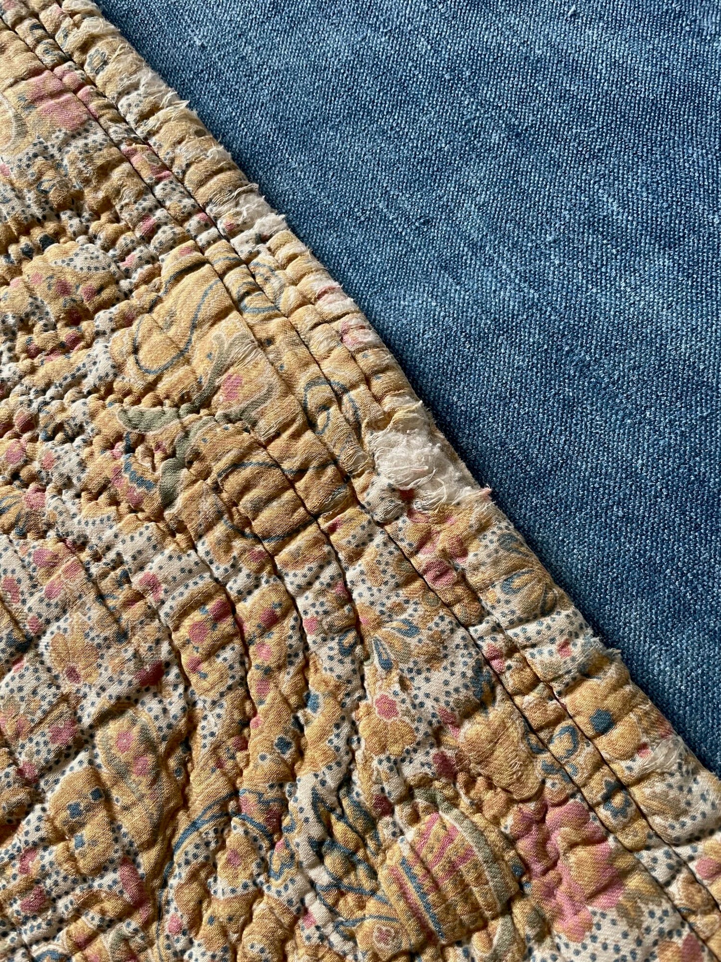 
                  
                    antique french quilt paisley pique whole cloth bedcover mustard pink blue boteh small single 
                  
                