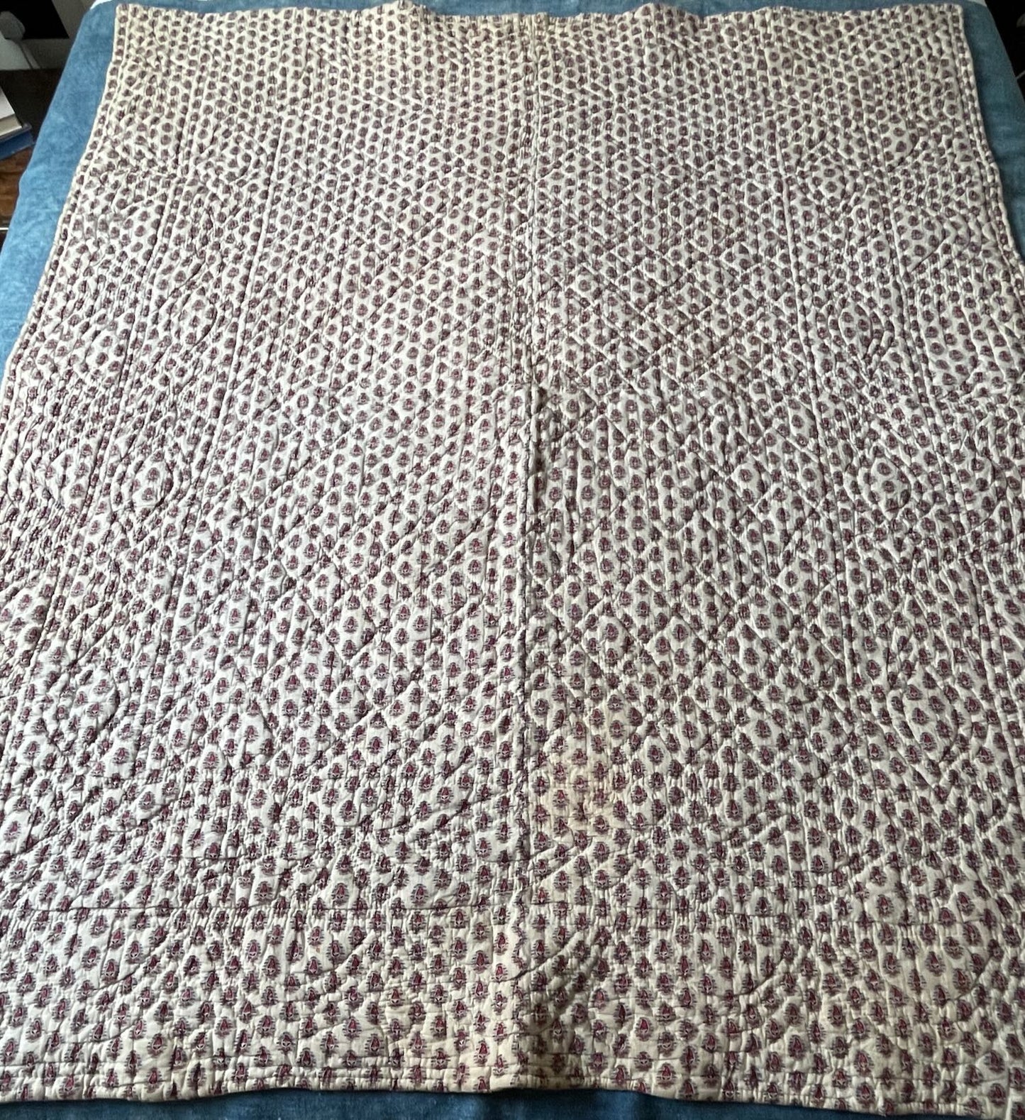 
                  
                    antique french quilt paisley pique whole cloth bedcover mustard pink blue boteh small single 
                  
                