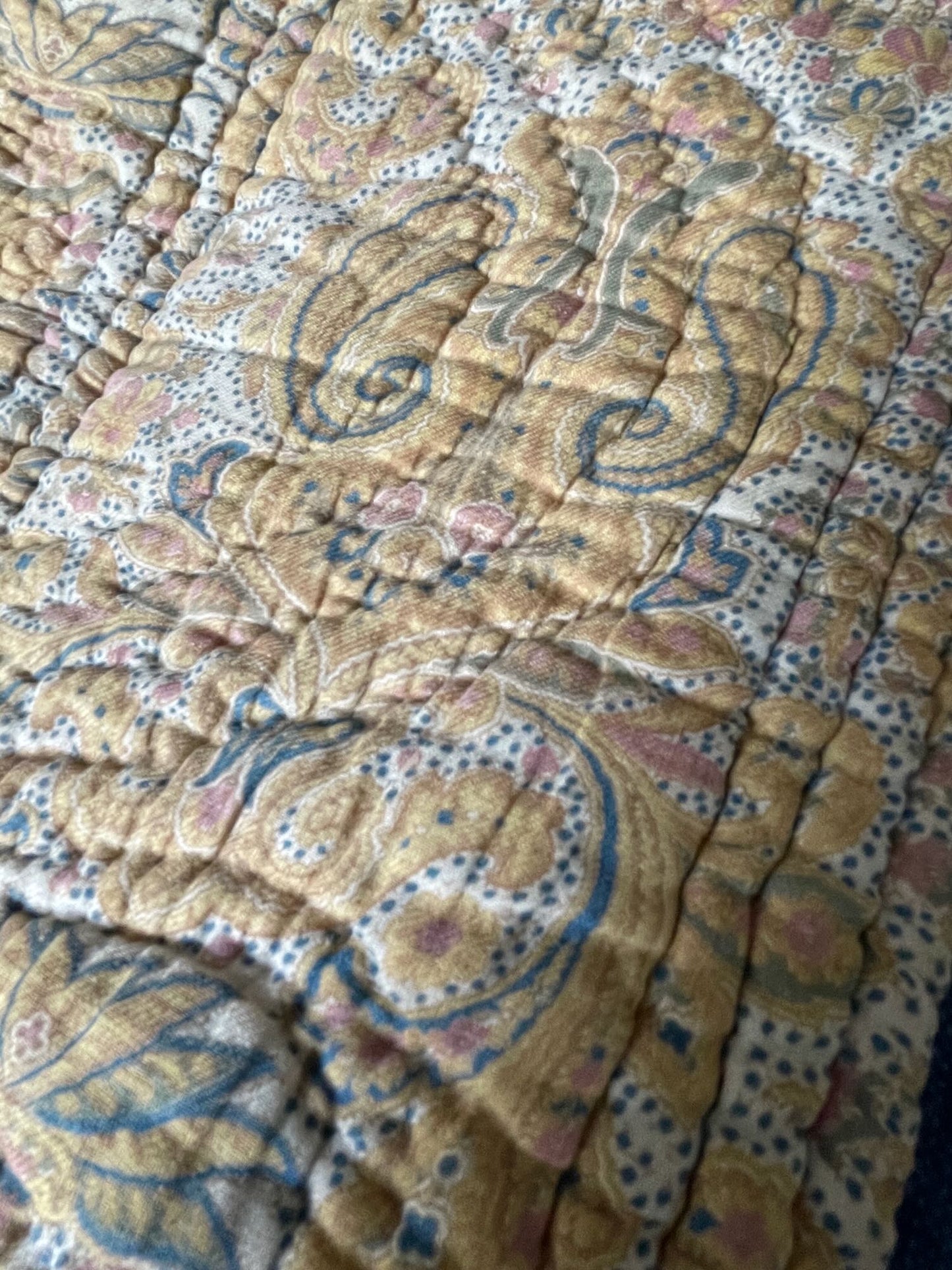
                  
                    antique french quilt paisley pique whole cloth bedcover mustard pink blue boteh small single 
                  
                