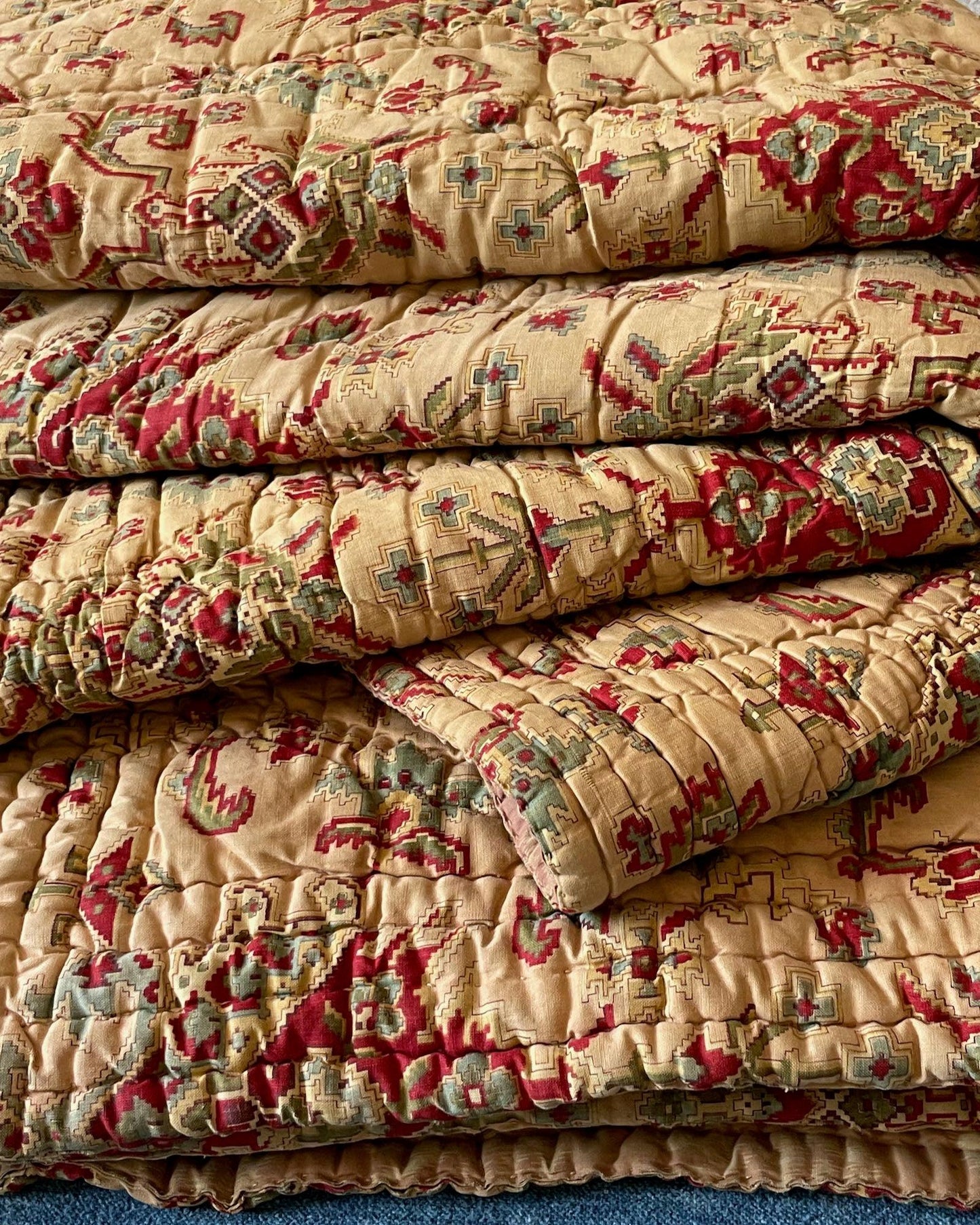 
                  
                    antique french quilt textiles baton rompu pique bedcover brown red blue pattern large comforter
                  
                