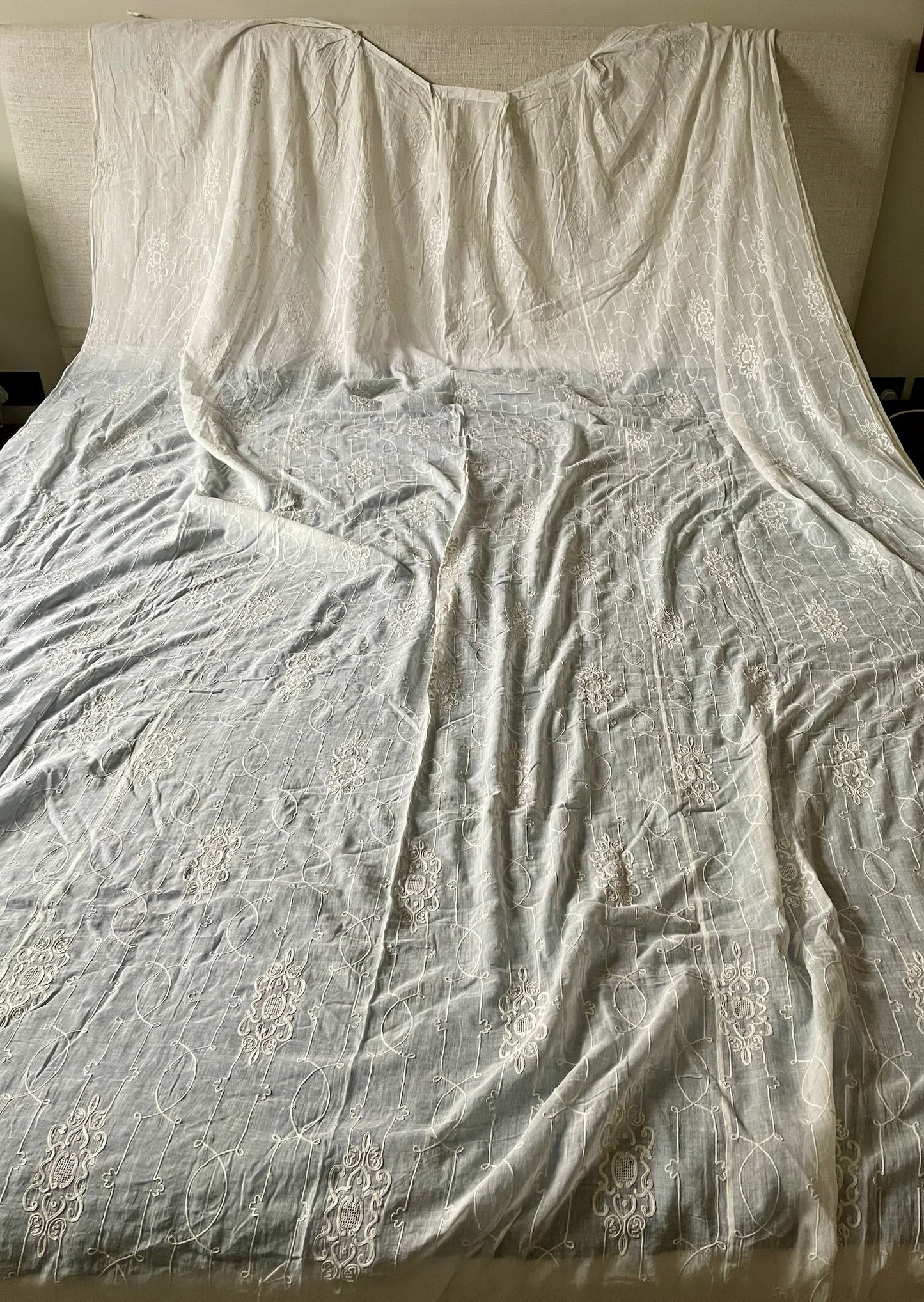 antique french lace curtain rideau de cornelys muslin white crewelwork romantic long drape