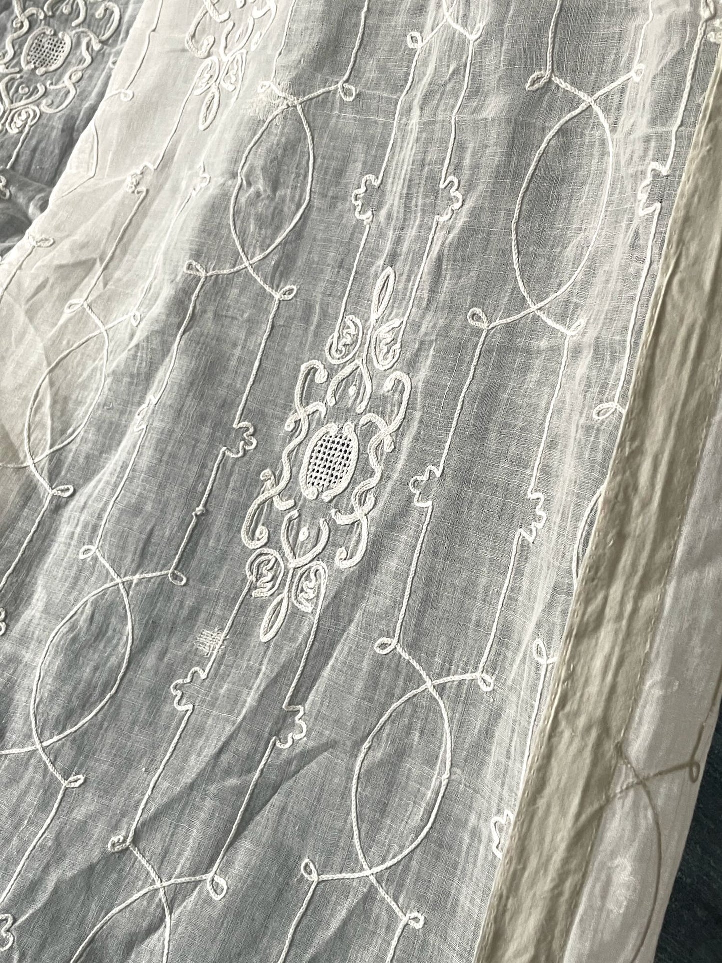 antique french lace curtain rideau de cornelys muslin white crewelwork romantic long drape