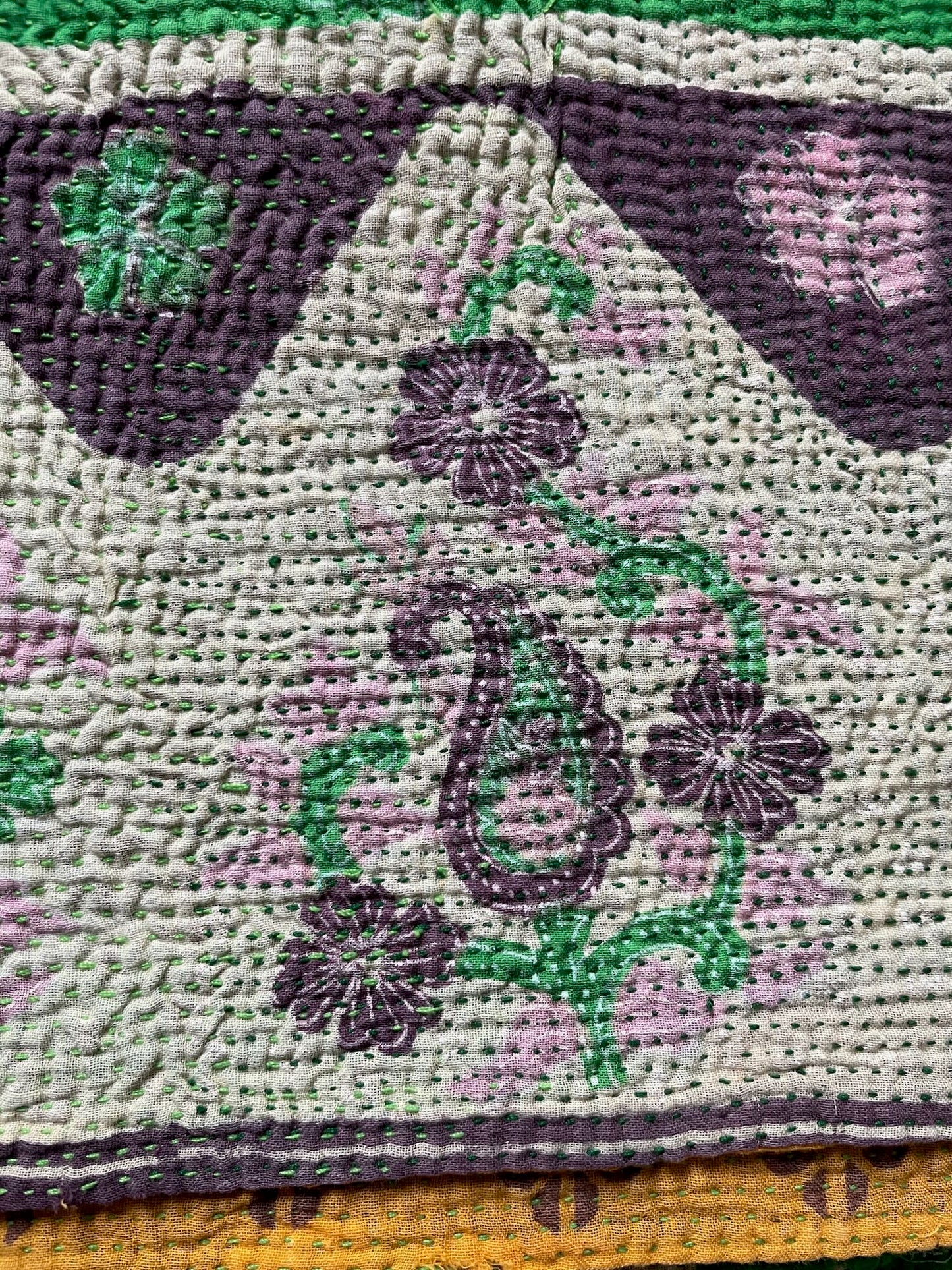 
                  
                    green purple yellow single kantha quilt sofa throw patterned lightweight cotton washable bedspread
                  
                