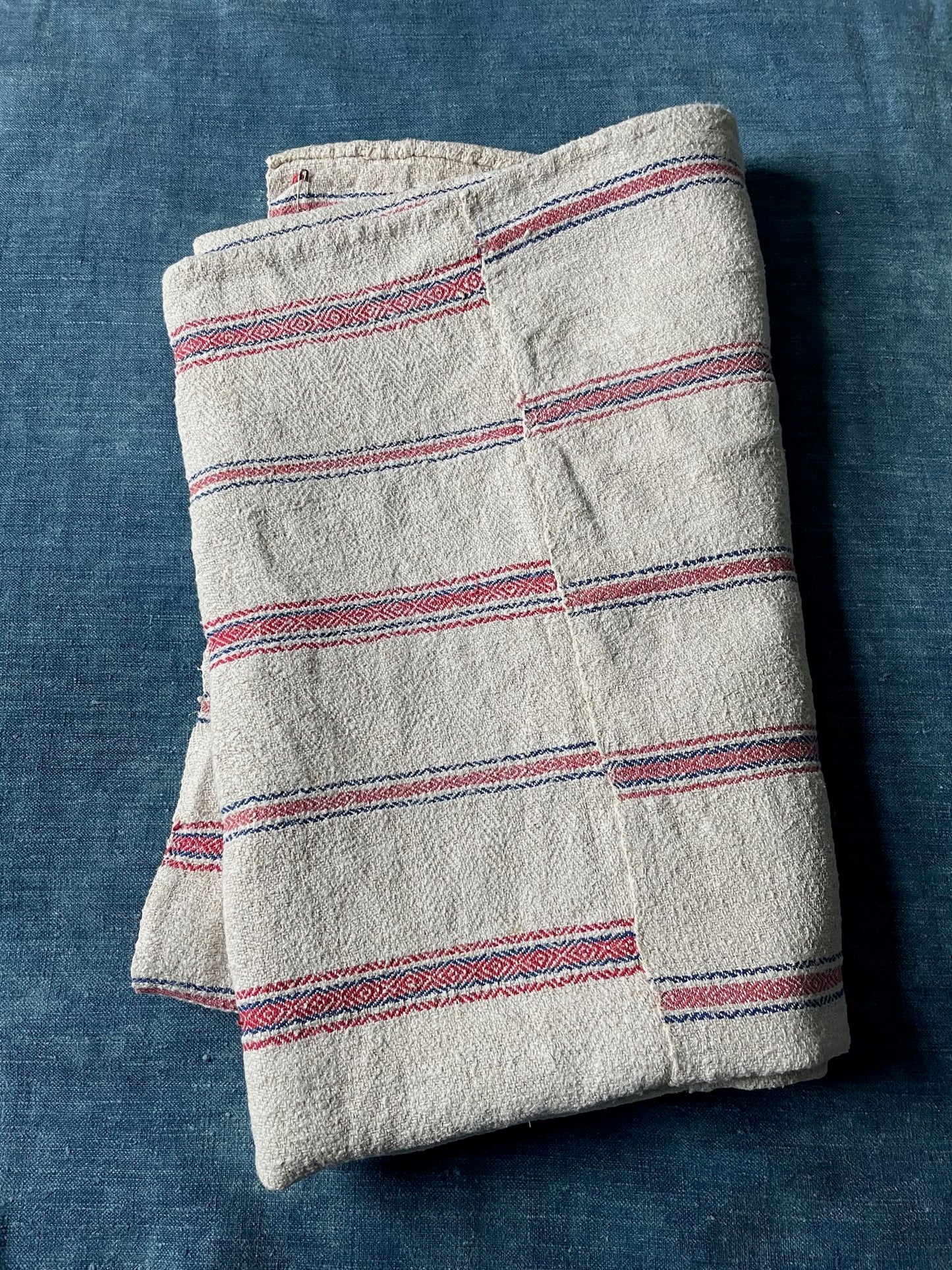 hemp throw bedcover upholstery fabric east european folk textile red blue stripe natural rustic