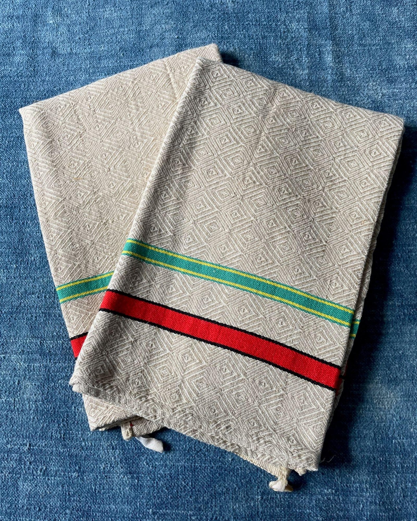 vintage striped tea towel drying up cloth dish green orange stripe cotton torchon french linens