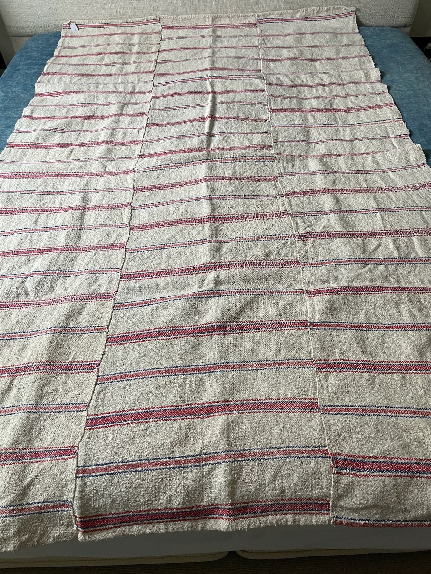 hemp throw bedcover upholstery fabric east european folk textile red blue stripe natural rustic