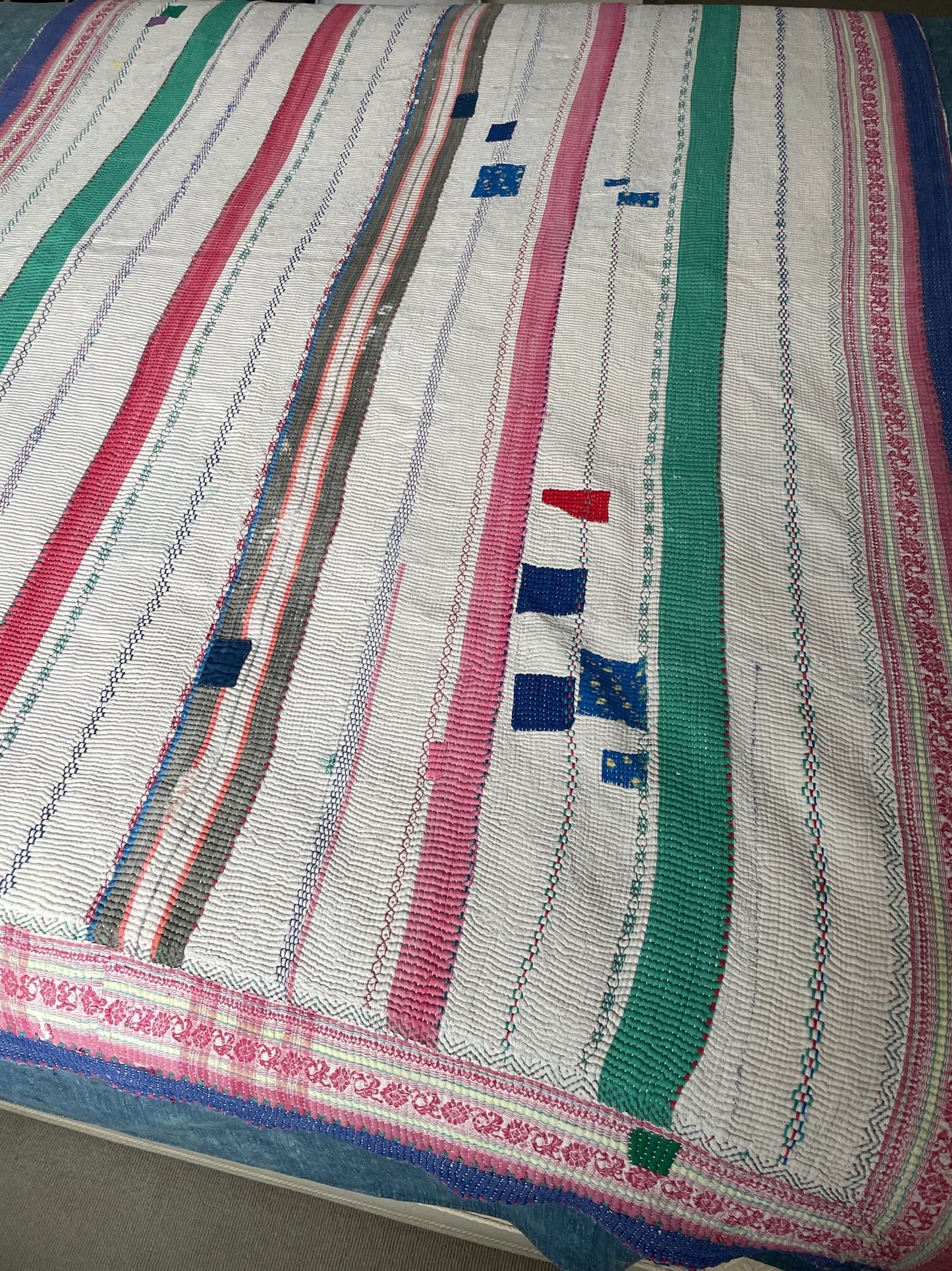 striped vintage kantha quilt uk blue white patchwork cotton comforter hand made washable heavy